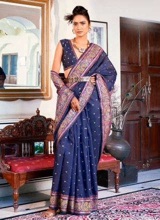 Weaving Navy Blue Satin Silk Trendy Saree