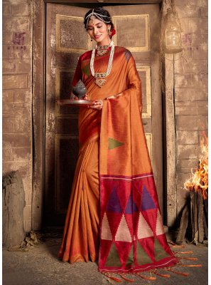 Weaving Orange Khadi Silk Saree