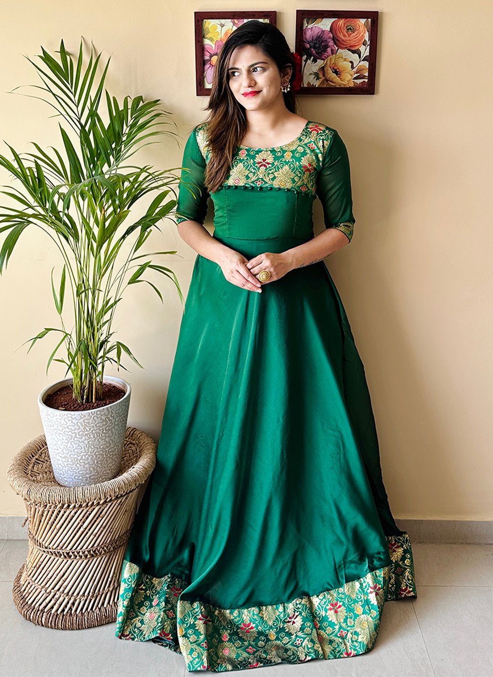 Pista Green Color Taffeta Silk Base Full Sleeves Designer Gown