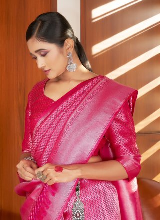 Weaving Pink Kanjivaram Silk Contemporary Saree