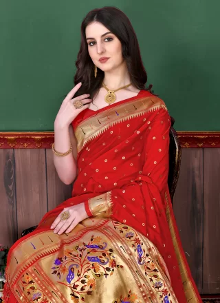 Weaving Red Silk Trendy Saree