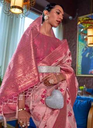 Weaving Rose Pink Organza Trendy Saree