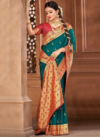Weaving Teal Silk Contemporary Saree