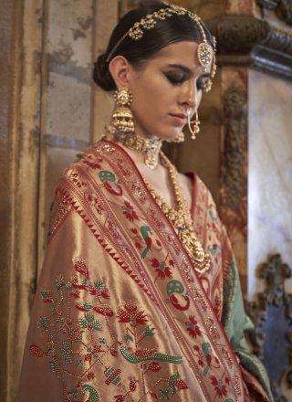 Weaving Work Banarasi Silk Silk Saree In Green and Maroon