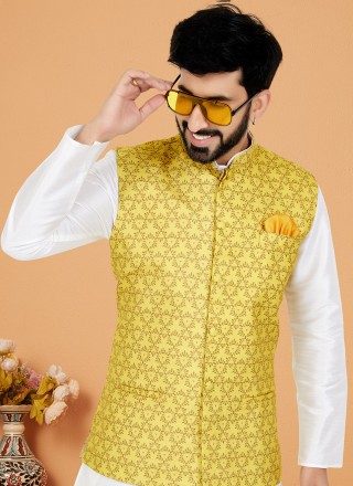 White and Yellow Digital Print Cotton Kurta Payjama With Jacket