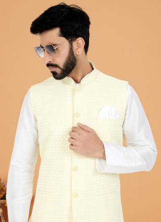 White and Yellow Dupion Silk Resham Thread Work Kurta Payjama With Jacket