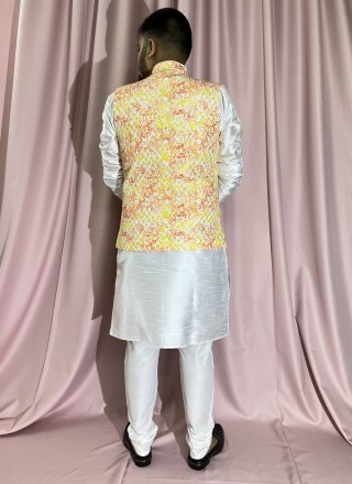 White and Yellow Rayon Kurta Payjama With Jacket