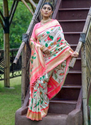 White Banarasi Silk Woven Work Trendy Saree for Ceremonial