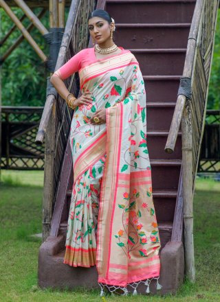 White Banarasi Silk Woven Work Trendy Saree for Ceremonial