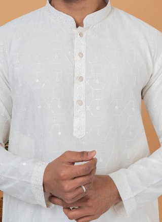 White Cotton Embroidered and Sequins Work Kurta Pyjama