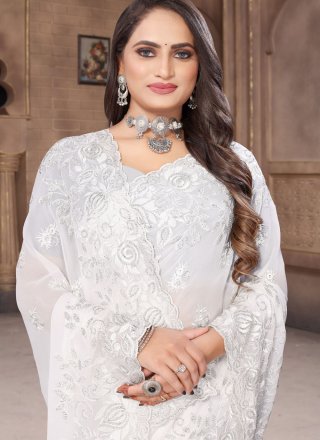 White Embroidered and Resham Work Georgette Classic Sari