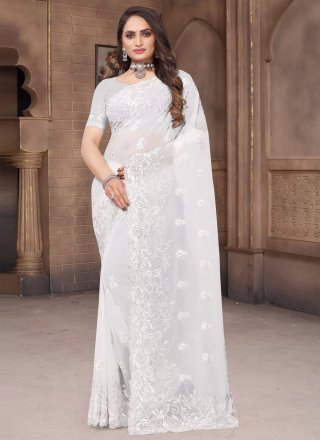 White Embroidered and Resham Work Georgette Classic Sari