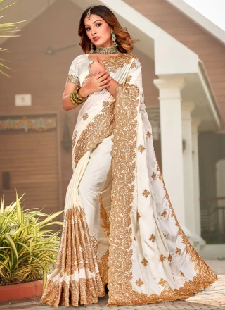White Embroidered Satin Contemporary Saree