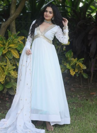 White Embroidered, Sequins and Zari Work Faux Georgette Designer Gown