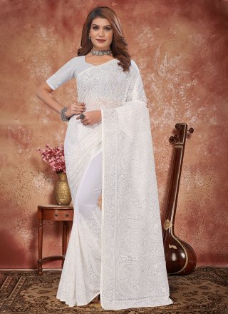 White Silk Wedding Saree With Resham Work