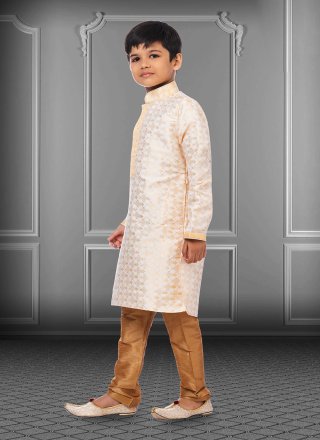 White Jacquard Silk Fancy Work Kurta Pyjama for Kid