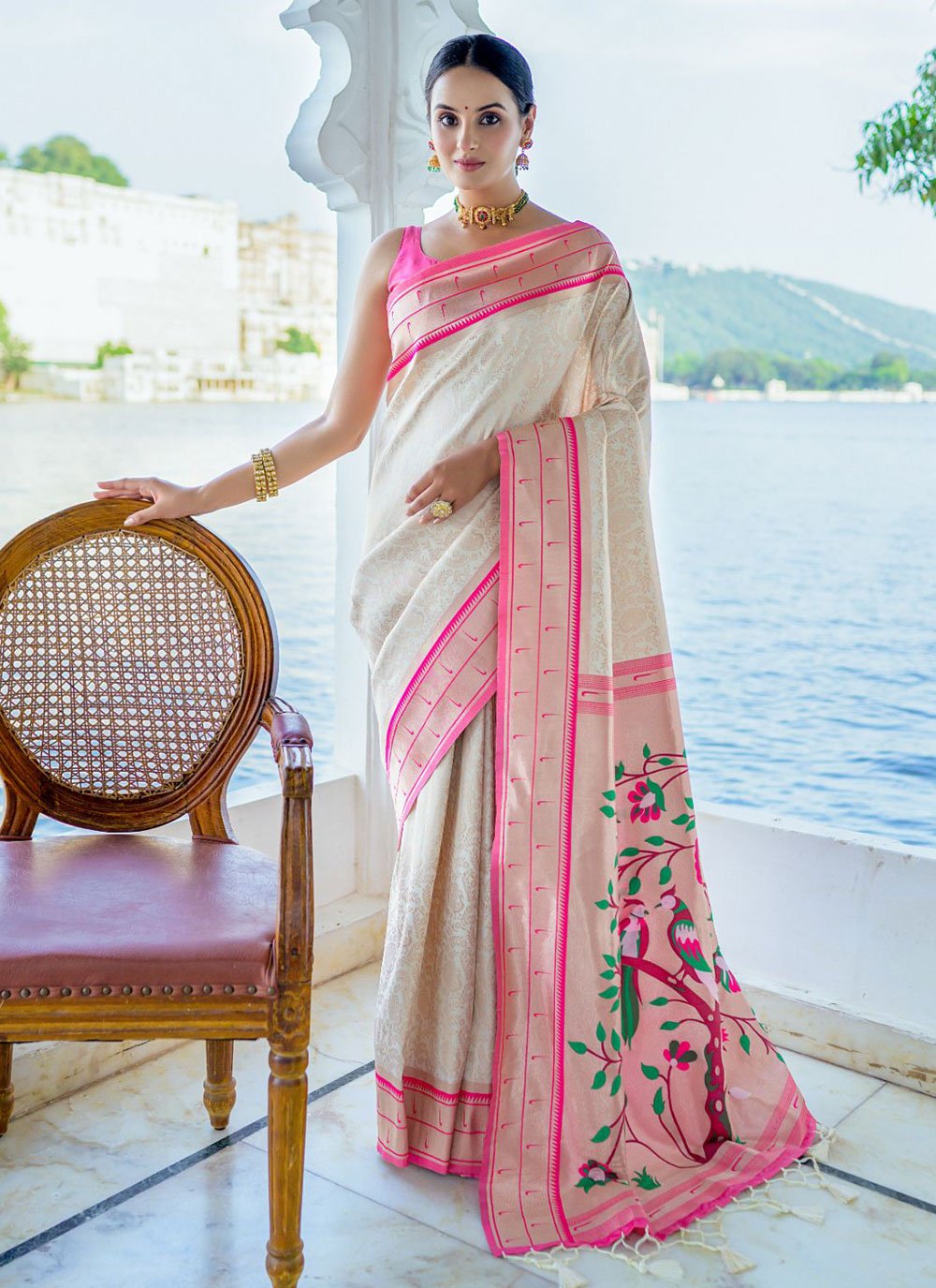 White & Red Kanjivaram Silk Saree