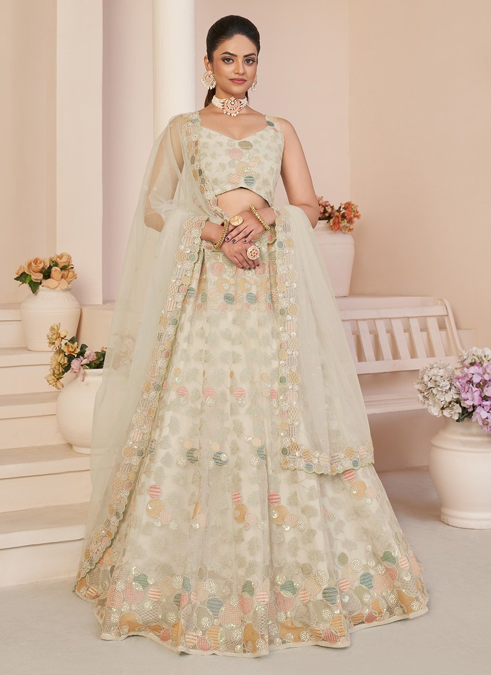 Buy Off White Lehenga Choli In Net Enhanced With Silver Sequins And Mirror  Abla Work Online - Kalki Fashion