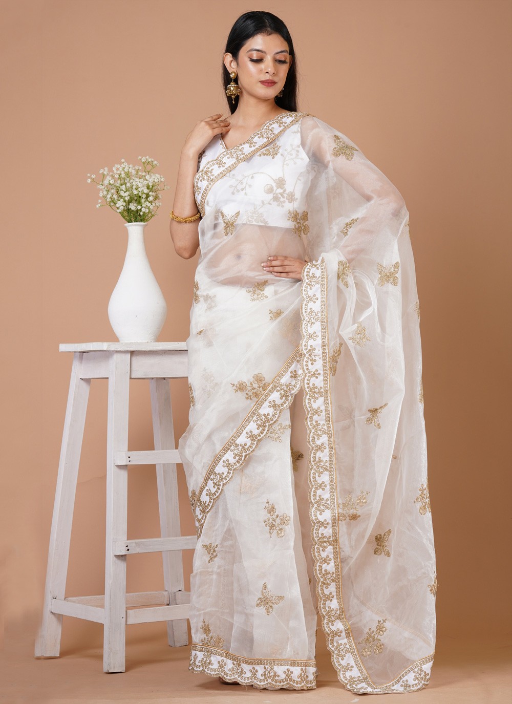 Buy Pal Enterprise Floral Print Daily Wear Organza White, Light Blue Sarees  Online @ Best Price In India | Flipkart.com