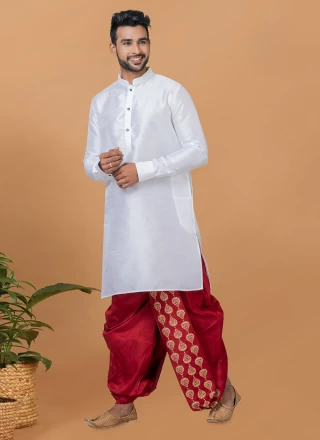 White Reception Banarasi Silk Dhoti Kurta