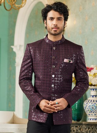 Wine Art Silk Indo Western with Machine Embroidery and Thread Work for Engagement