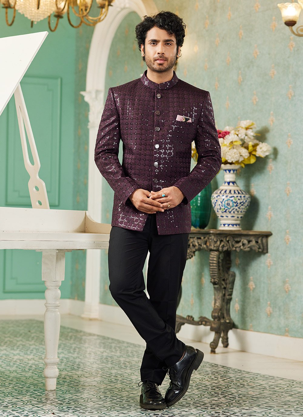 Shop Wine Art Silk Indo Western with Machine Embroidery and Thread Work for Engagement Online 274082 Jodhpuri Suit