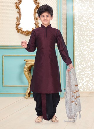Wine Dupion Silk Dhoti Kurta with Jacquard Work for Kid