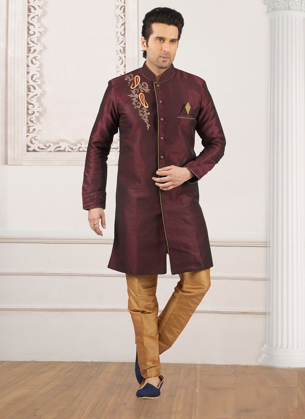 Wine Dupion Silk Indo Western with Embroidered Work for Men