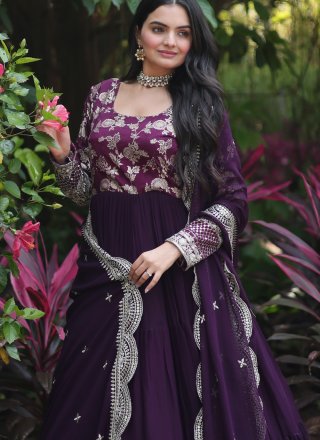 Wine Embroidered Designer Gown