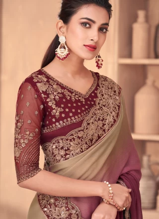 Wine Embroidered Engagement Shaded Saree
