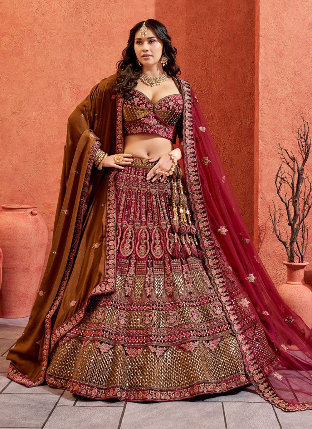 Buy Embroidered Velvet Bridal Lehenga Choli In Wine Colour Online -  LLCV01572 | Andaaz Fashion