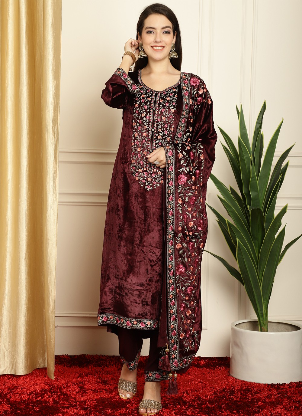Brown Plus Size Readymade Salwar Pants In Velvet SFSTL22906
