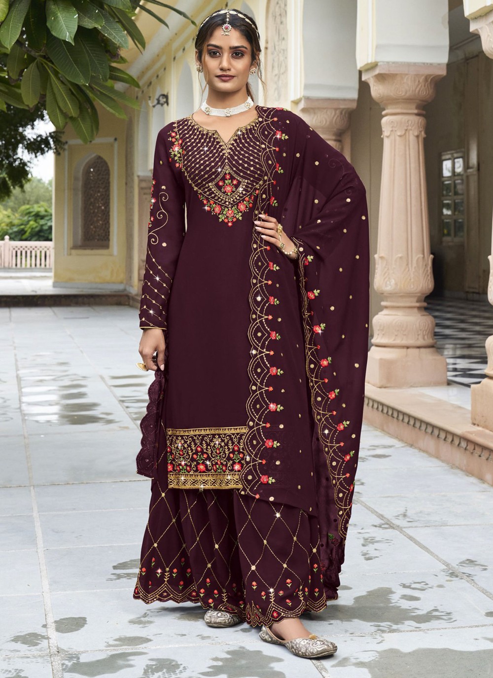 Buy Embroidered Georgette Maroon Pakistani Straight Salwar Suit Online :  248547 -