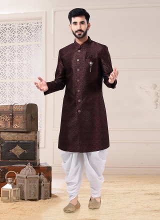 Wine Jacquard Indo Western Sherwani