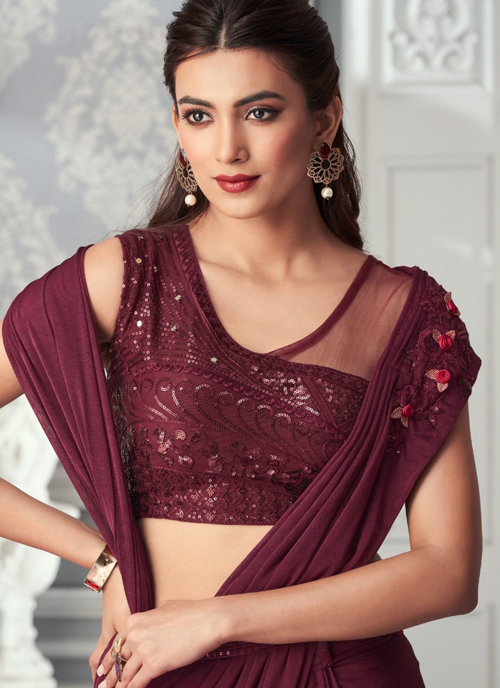 Wine Color Saree By Nivedita Fashions