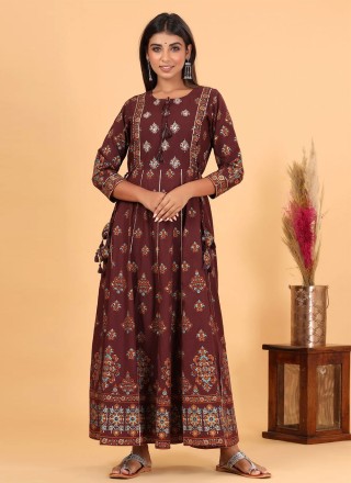 Wine Printed Cotton Readymade Gown