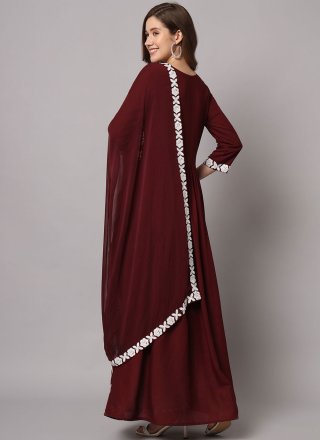 Wine Rayon Embroidered Work Anarkali Suit for Engagement