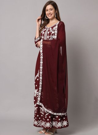 Wine Rayon Embroidered Work Anarkali Suit for Engagement