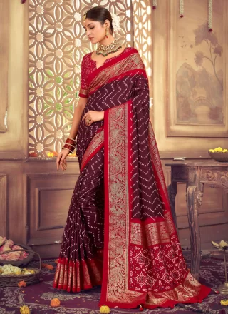 Wine Silk Trendy Saree with Abstract Print Work for Casual