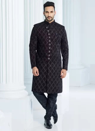 Wine Velvet Indo Western Sherwani with Machine Embroidery and Thread Work for Men
