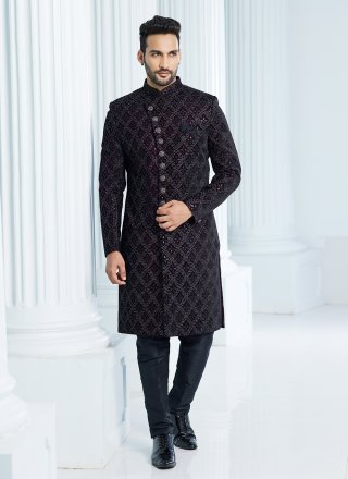 Wine Velvet Indo Western Sherwani with Machine Embroidery and Thread Work for Men