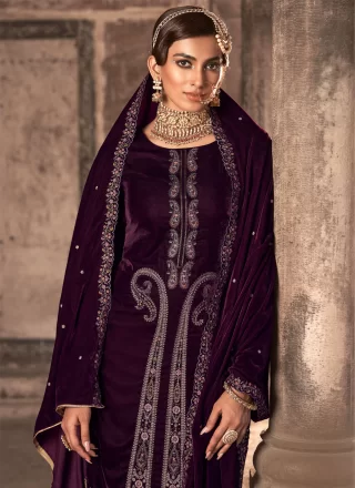 Wine Velvet Palazzo Salwar Suit with Embroidered, Resham and Zari Work