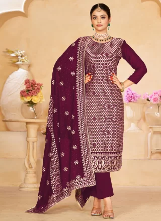 Wine Vichitra Silk Salwar Suit with Embroidered Work for Women