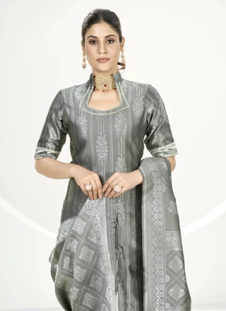 Woven Banarasi Silk Pant Style Suit in Grey