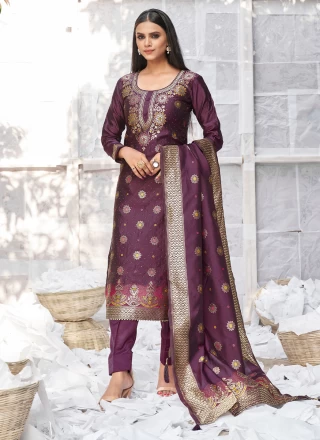 Woven Banarasi Silk Trendy Salwar Suit in Wine