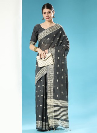 Woven Cotton Black Saree