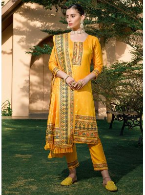 Woven Pashmina Salwar Suit in Yellow