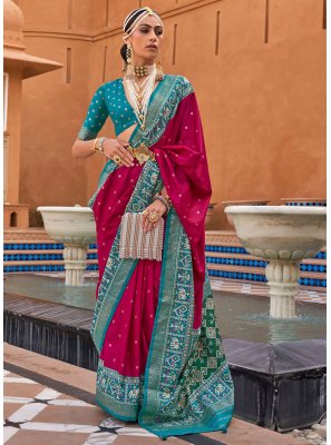 Woven Patola Silk  Contemporary Style Saree in Rani
