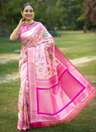 Woven Work Banarasi Silk Classic Saree In Pink