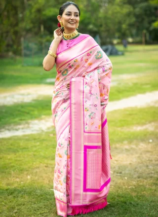 Woven Work Banarasi Silk Classic Saree In Pink